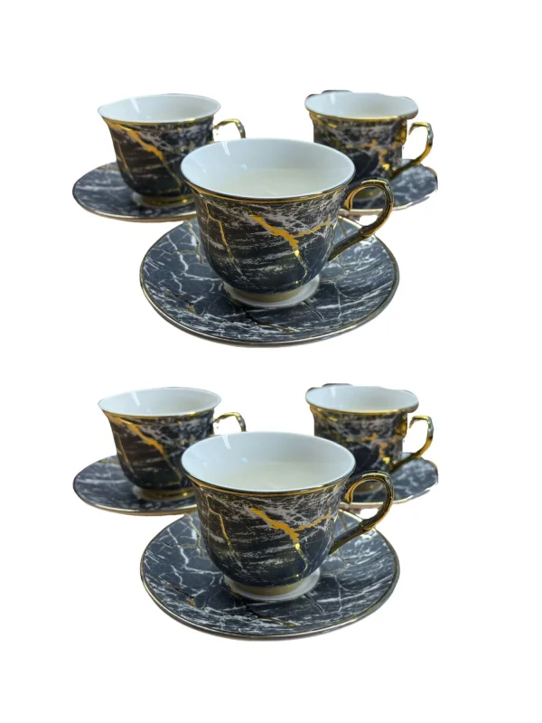 Null Premium Porzellan 12-teilig Kaffeeservice Kaffee Tassen Marmour Untertassen Marmor Design Motiv 2 Kaffeetasse 1